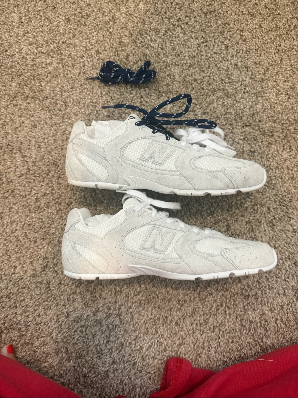 Authentic Miu Miu x new balance White Mesh and Suede Sneakers with Navy laces